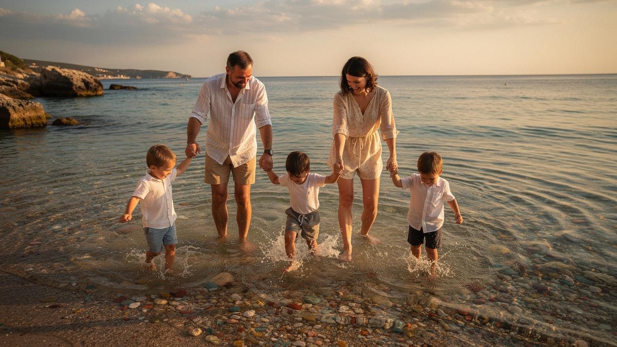 Family with two children wading in a shallow Mediterranean shoreline at sunset